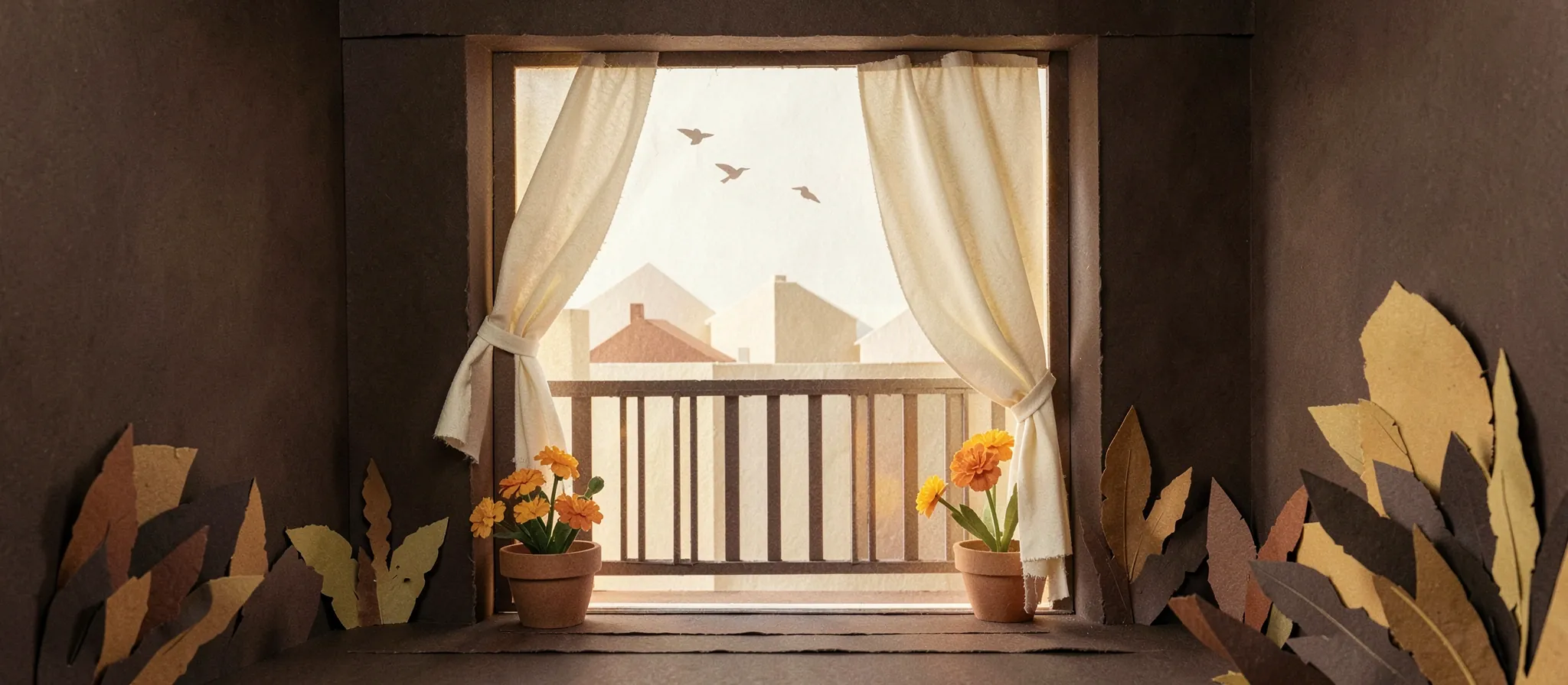 Balcón de papel recortado por la mañana, cortinas claras recogidas, pájaros en el cielo y dos macetas con flores