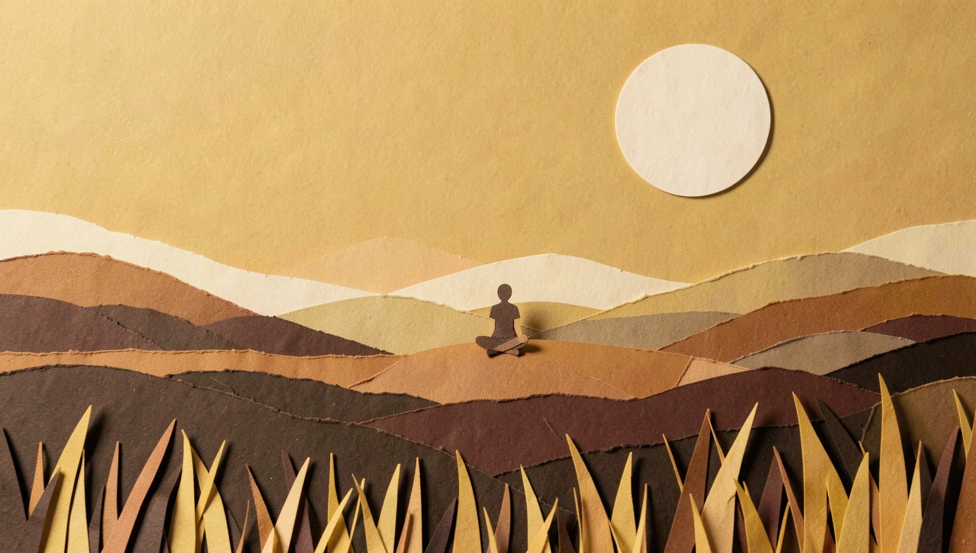 Paisaje de cerros de papel bajo un cielo mostaza; una figura sentada respira con calma