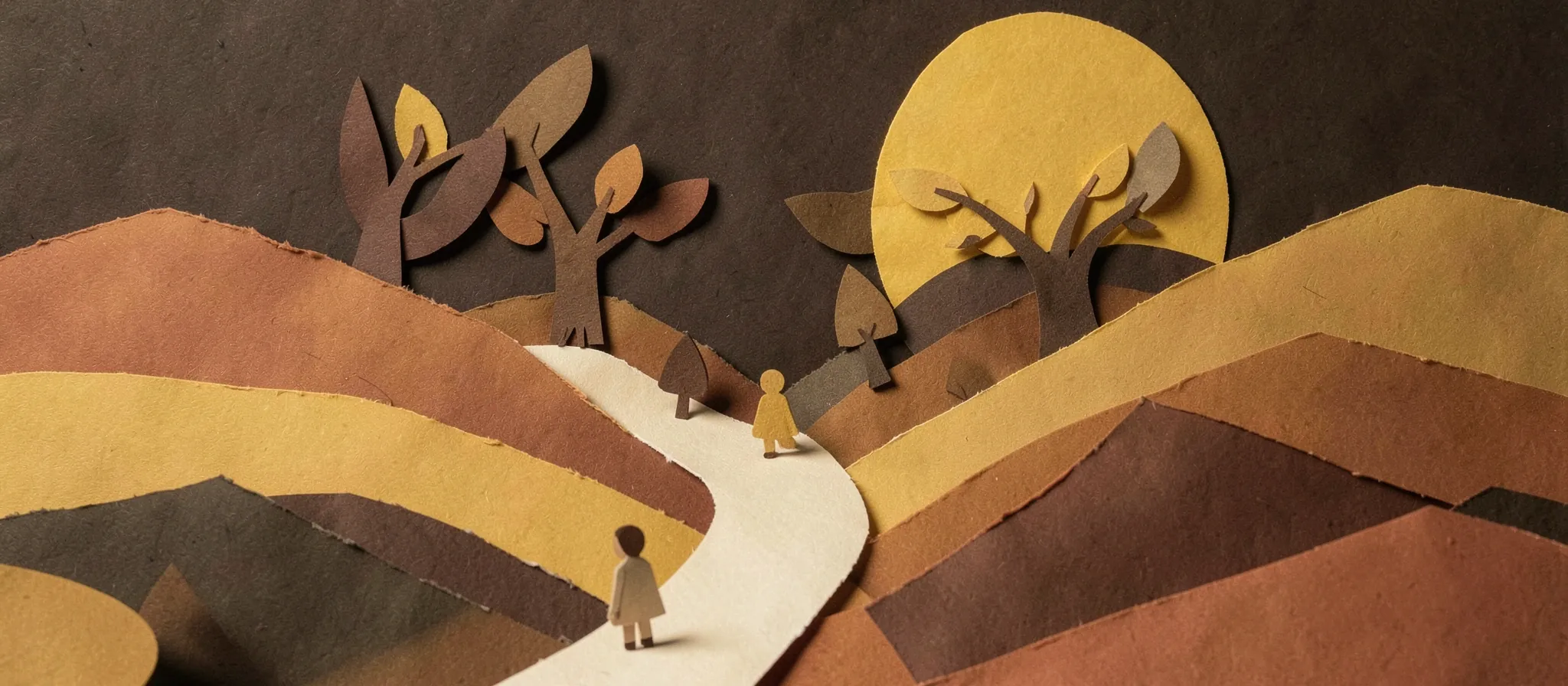 Paisaje de cerros de papel recortado con un camino claro que sube hacia un sol mostaza; dos figuras lo recorren