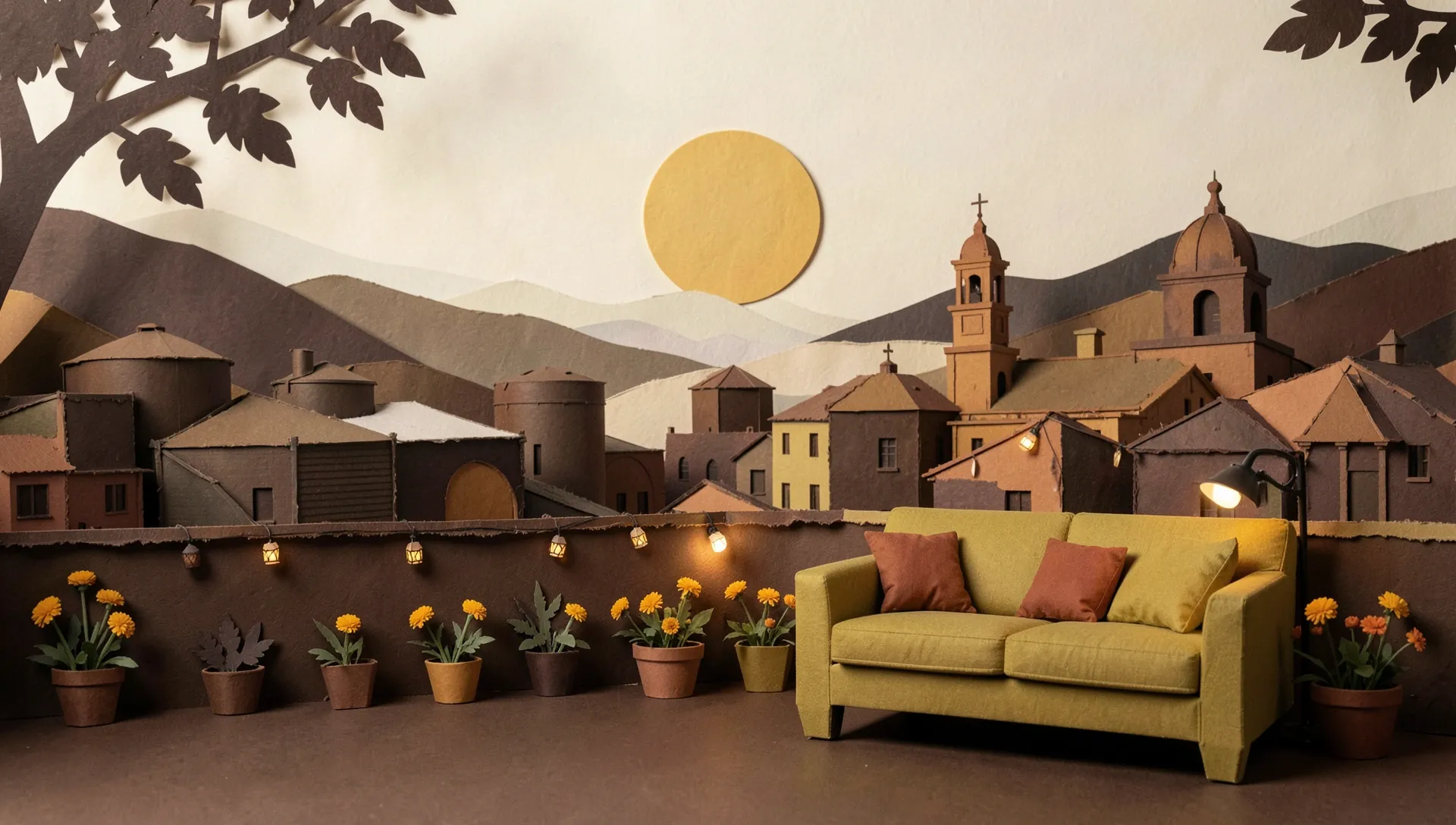 La misma terraza con el sofá al amanecer, sol mostaza saliendo detrás de los cerros