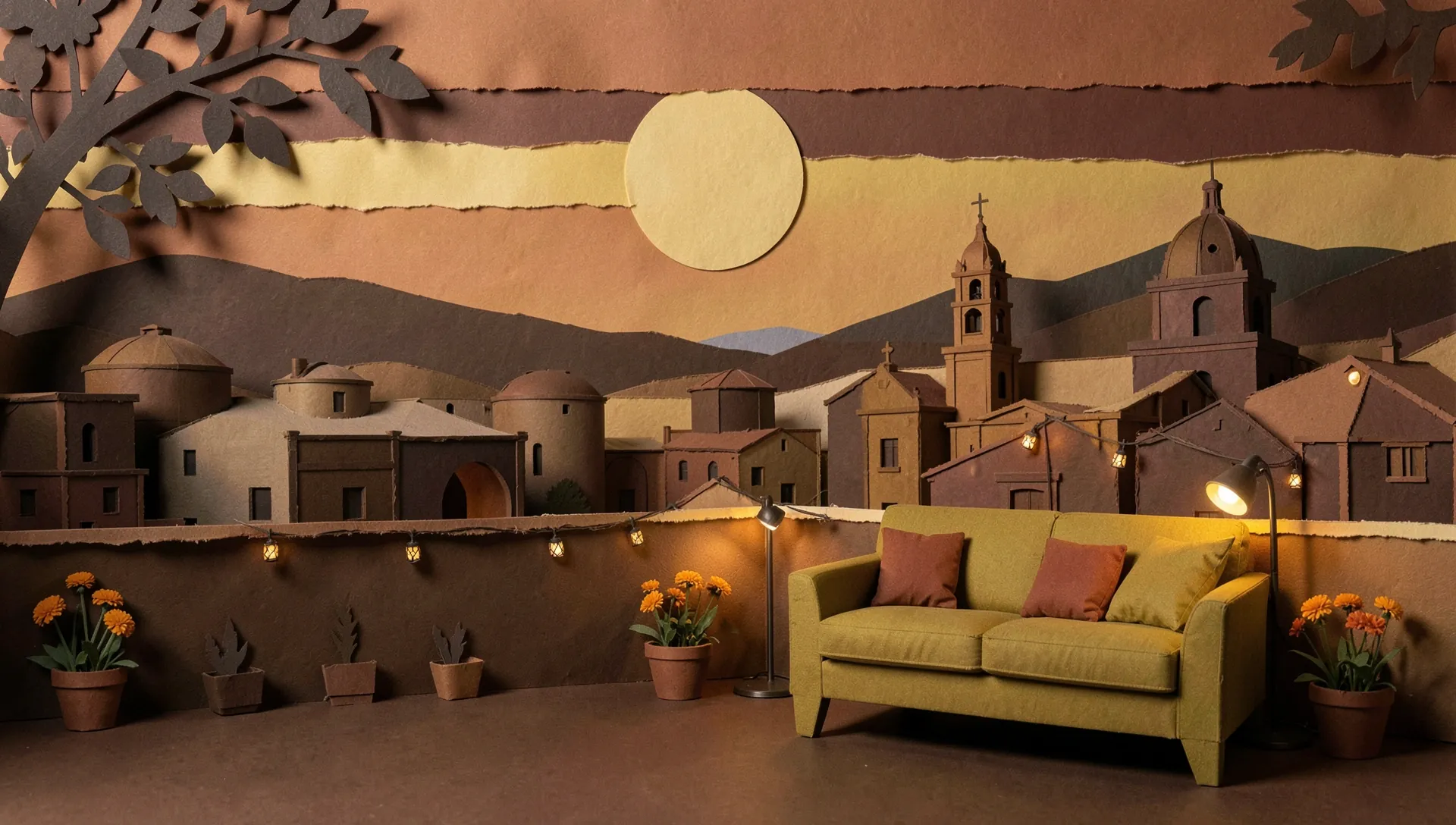 La misma terraza con el sofá al atardecer, cielo terracota y farolitos encendidos