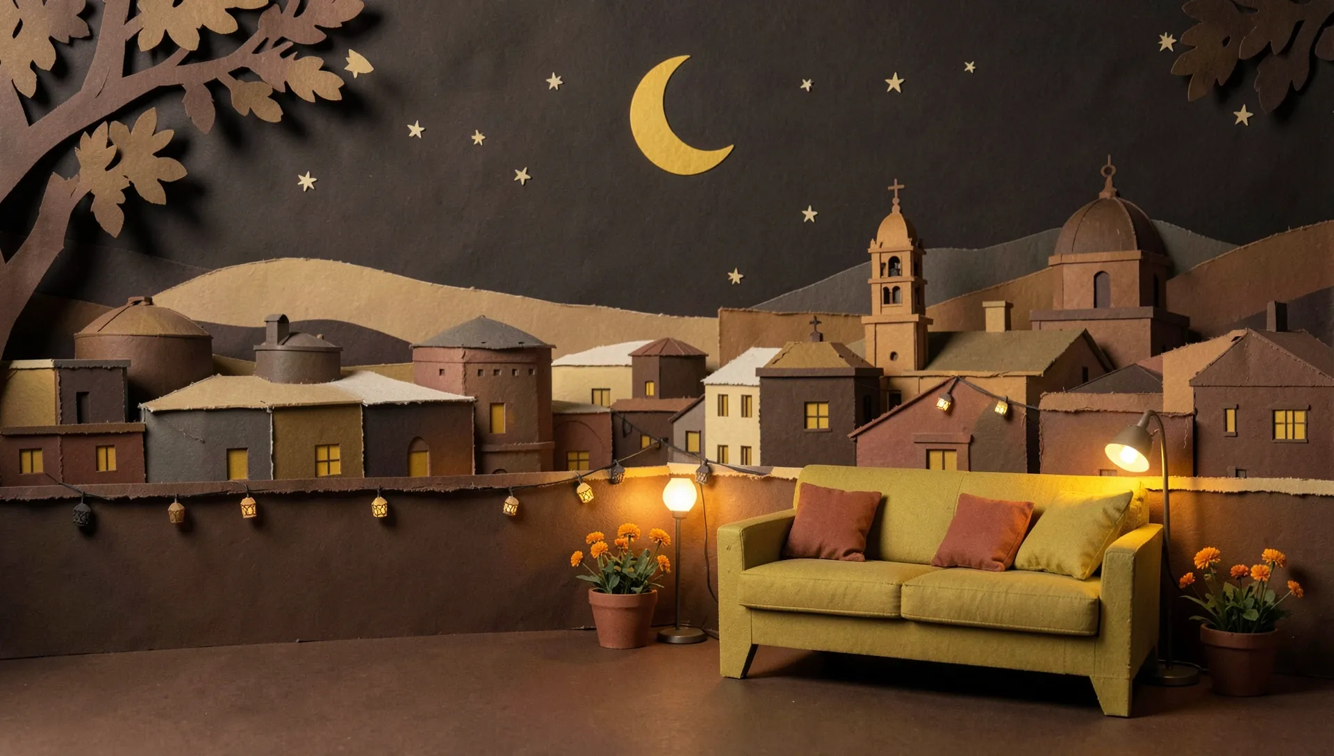 Terraza de papel recortado con un sofá mostaza frente a una ciudad mexicana de noche, con luna y ventanas encendidas