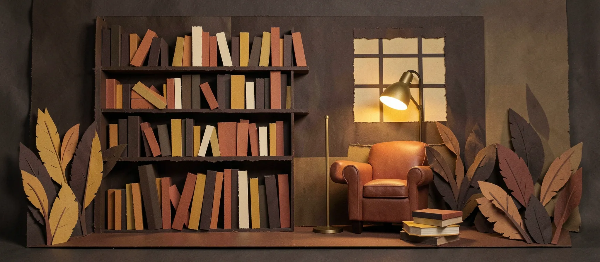Rincón de lectura de papel con un librero lleno, un sillón terracota y una lámpara encendida