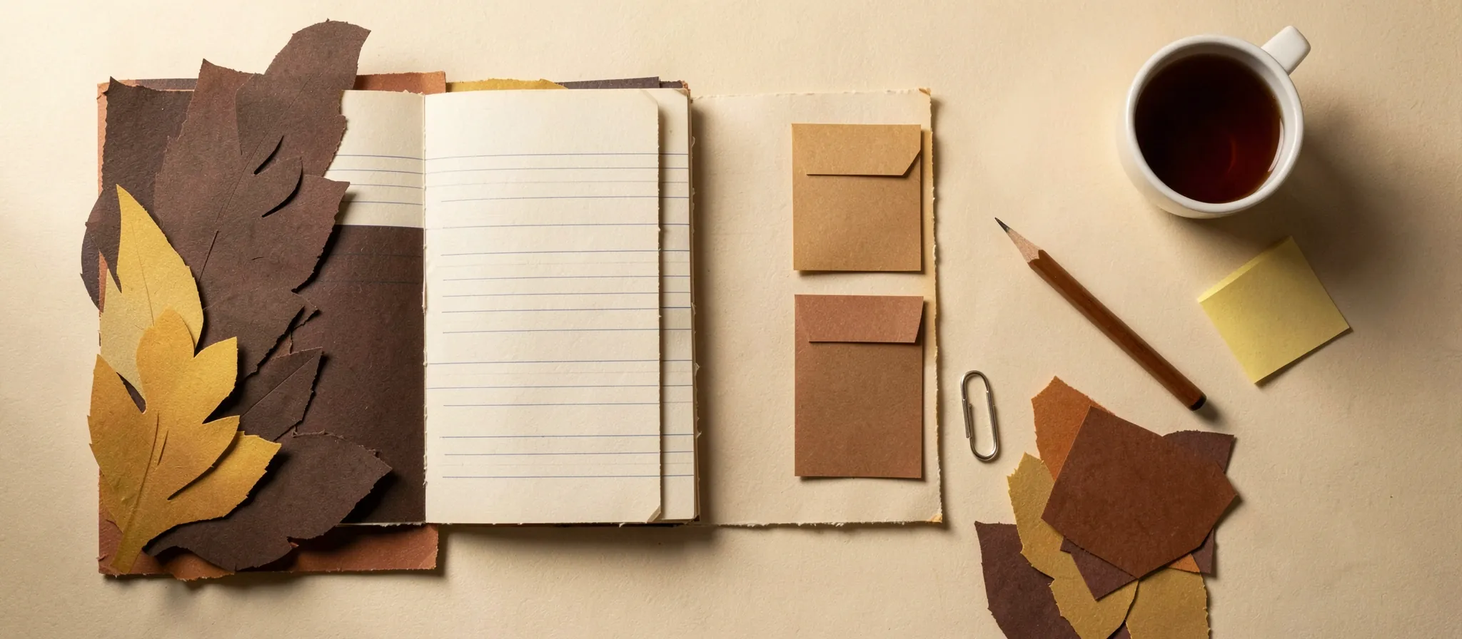 Mesa de papel vista desde arriba con un cuaderno abierto, tarjetas, un lápiz y una taza de té