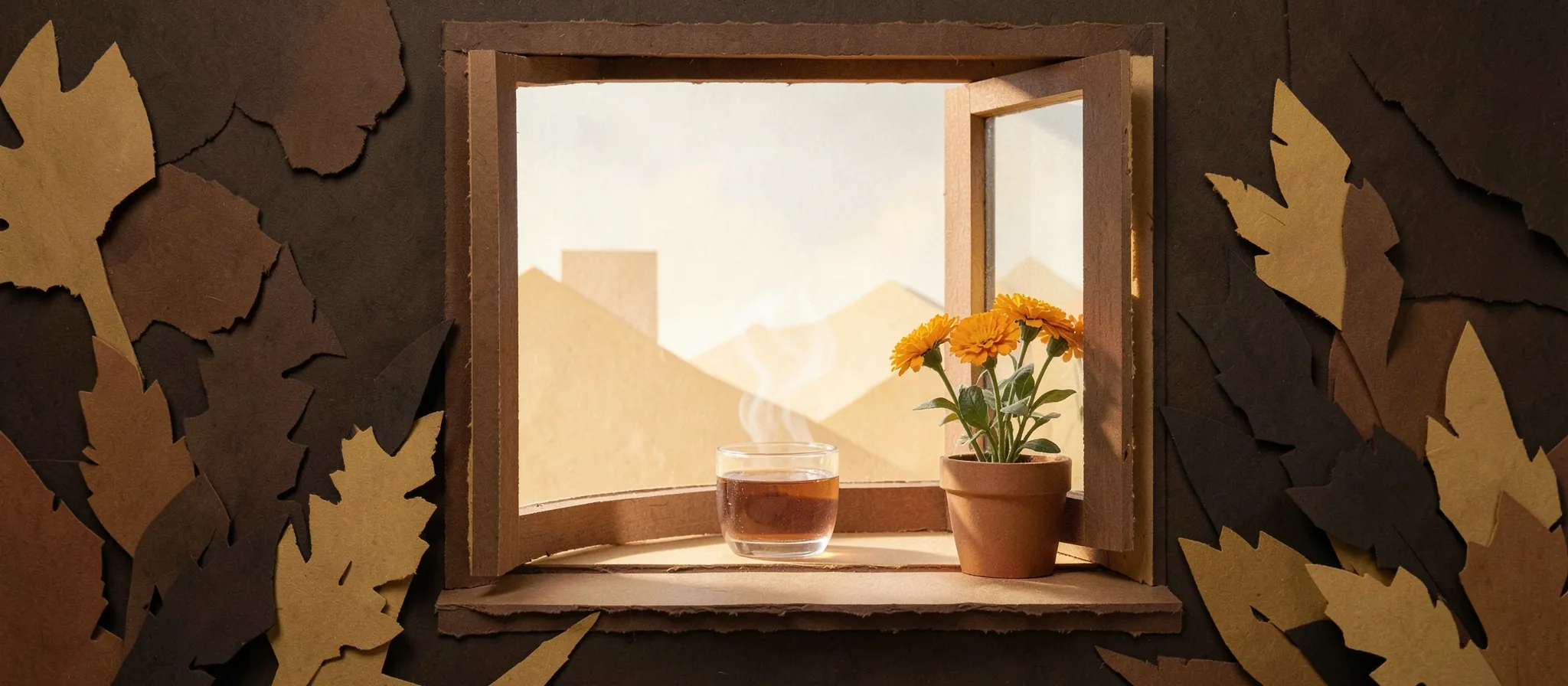 Ventana de papel recortado abierta a la luz de la mañana, con un vaso de té y una maceta de flores mostaza en el alféizar